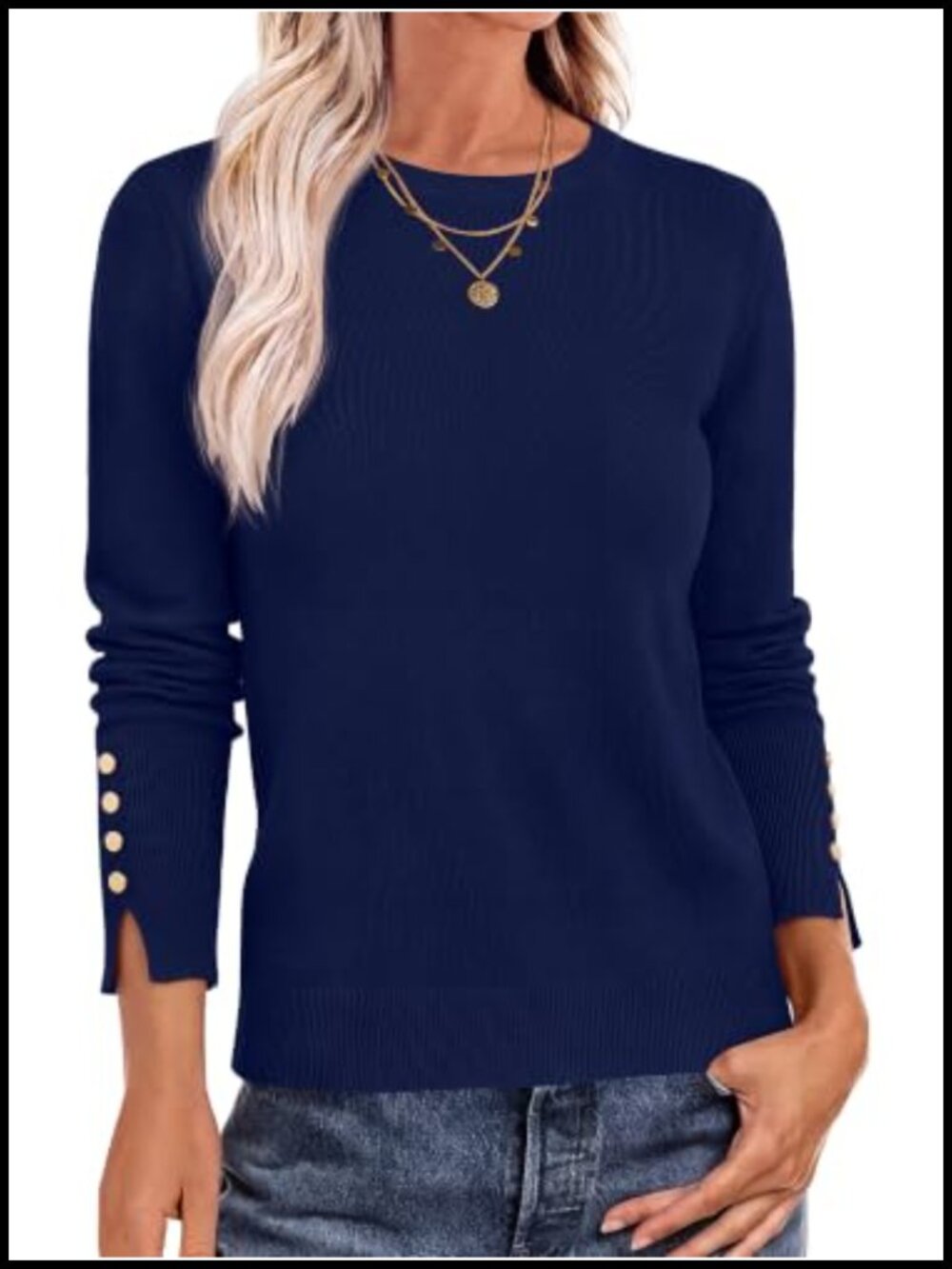 Lightweight Button Cuff Crewneck Pullover Sweater